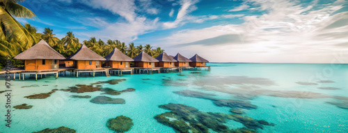 Overwater bungalows with a view of the serene sea. Luxurious thatched-roof villas stand on stilts above the clear turquoise waters of the Maldives, offering a tranquil escape. Panorama with copy space photo