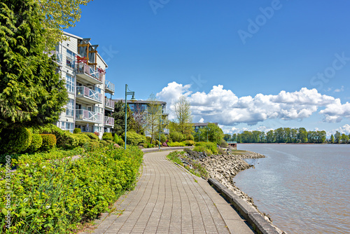 Waterfront walkway along the bank of Fraser river in New Westminster
