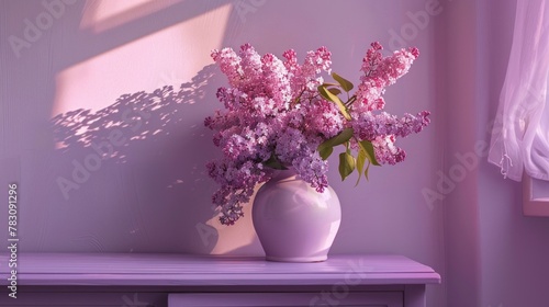 A white vase filled with purple flowers sitting on a table