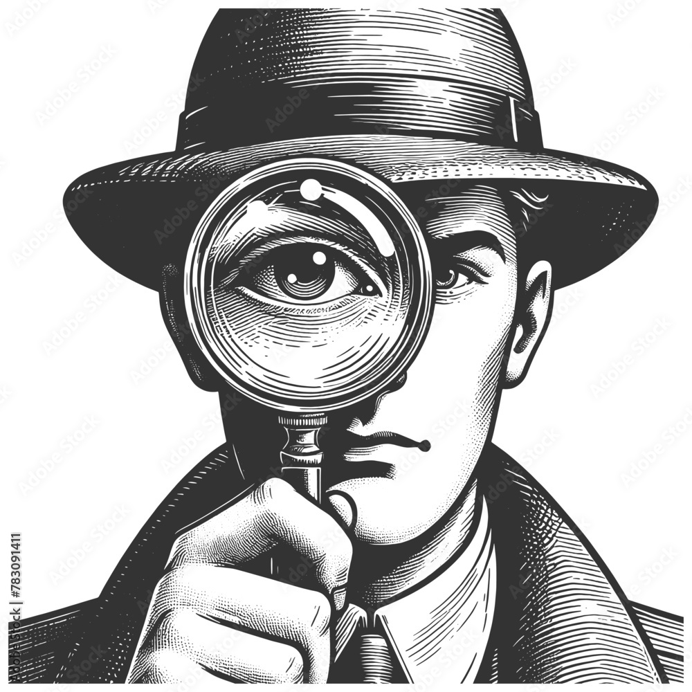 detective with a magnifying glass, focusing intently on a clue sketch engraving generative ai fictional character vector illustration. Scratch board imitation. Black and white image. - obrazy, fototapety, plakaty 