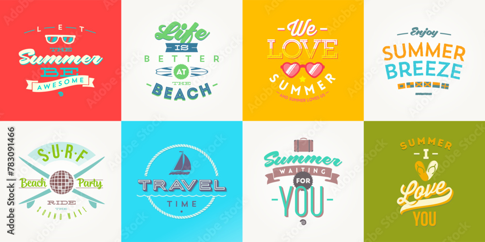 Set of vacation and travel logo and emblems. Summer holidays type design. Vector illustration.