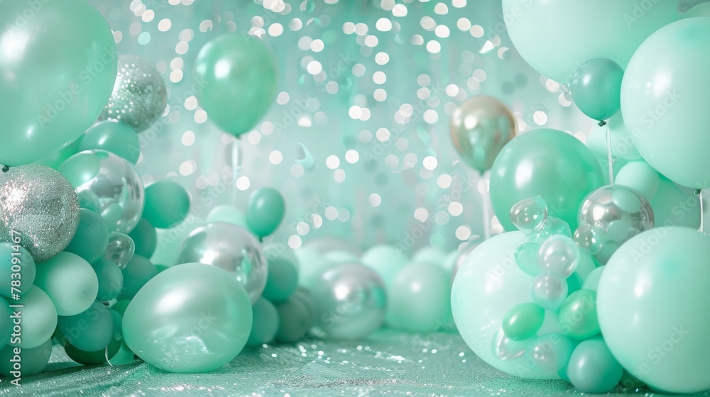 a mint green balloon arch cake smash themed. there are 4 different shades of mint green and giantballoons mixed with small balloons. Silver sparkles are sprinkled through the backdrop a mint green balloon arch cake smash themed. there are 4 different shades of mint green and giantballoons mixed with small balloons. Silver sparkles are sprinkled through the backdrop