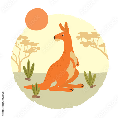 Cute kangaroo and australian desert landscape. Vector illustration