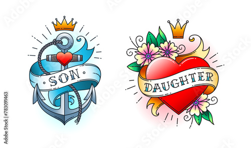 Set of Classic tattoo. Heart with flowers and ribbon with the word daughter. Anchor with rope and ribbon with the word son. Classic old school American retro tattoo. Vector illustration.