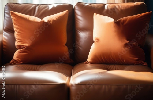 Luxurious leather sofa with plush pillows basking in ambient light