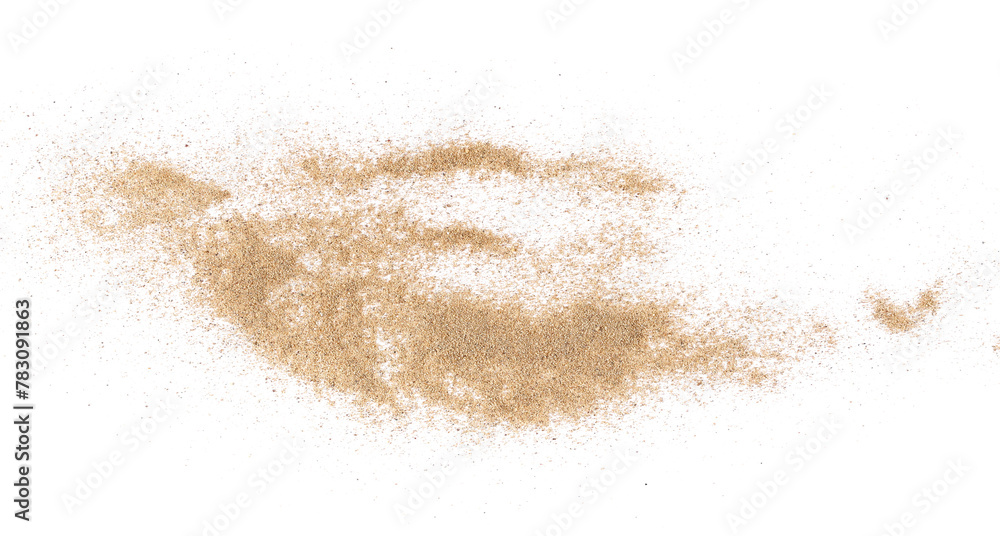 Sand scatter isolated on white background and texture, clipping, top view Sand scatter isolated on white background and texture, clipping, top view
