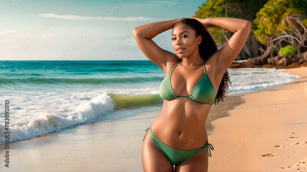 Curvy black bikini woman posing on the beach on vacation smiling for her leisure time in summer.