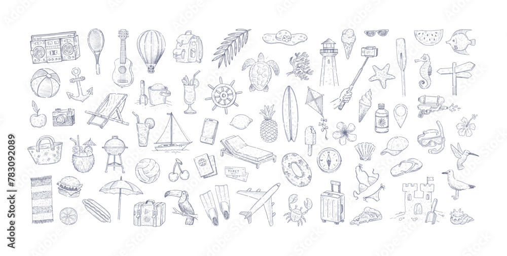 Set of hand drawn summer holiday and tropical beach vacation objects, things and items. Vector illustration.