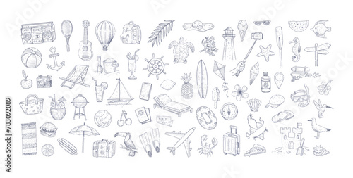 Set of hand drawn summer holiday and tropical beach vacation objects  things and items. Vector illustration.