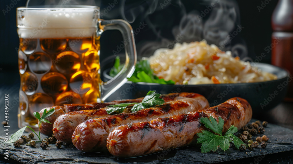 Hot Bratwurst with sauerkraut and mug of cold beer, on slate plate, isolated on dark background. Traditional Bavarian, German meal. Hot Bratwurst with sauerkraut and mug of cold beer, on slate plate, isolated on dark background. Traditional Bavarian, German meal.