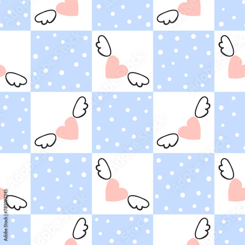 Seamless childish pattern with pink hearts and wings. Baby shower vector illustration