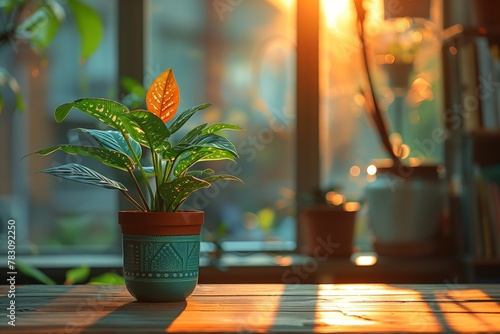 Indoor potted plant with warm sunlight