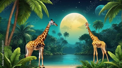 Fantasy landscape with giraffe on the beach at night. Vector illustration