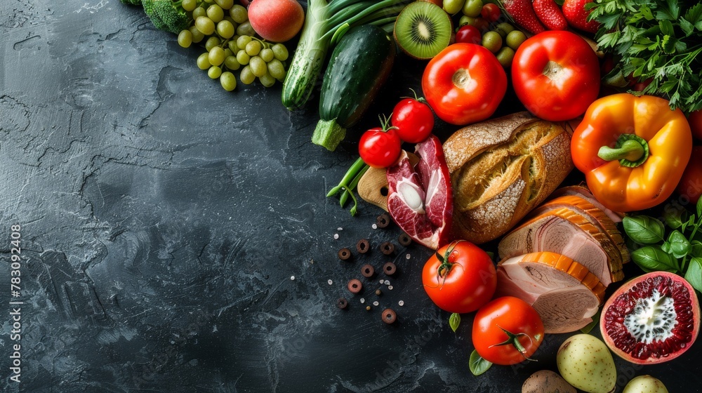 A variety of fruits and vegetables arranged on a black table, AI A variety of fruits and vegetables arranged on a black table, AI
