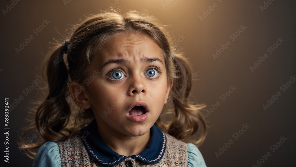 Little girl looks in surprise over isolated background. Banner, lots of empty space for texts. Close-up Little girl looks in surprise over isolated background. Banner, lots of empty space for texts. Close-up