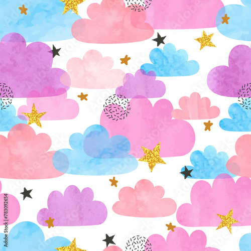 Seamless vector colorful watercolor clouds and stars pattern