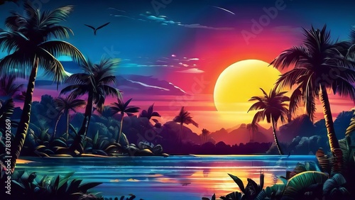 Illustration of a tropical island with palm trees and a full moon