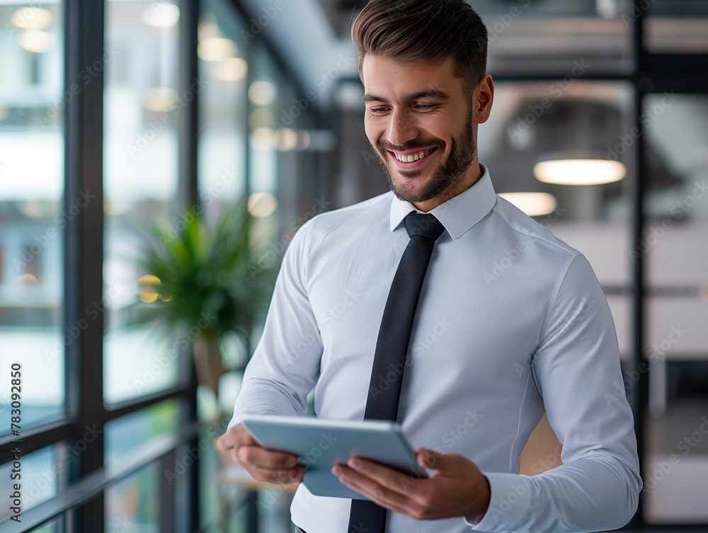 Fototapeta premium smilling young caucasian business man executive holding tablet and reading news at the office