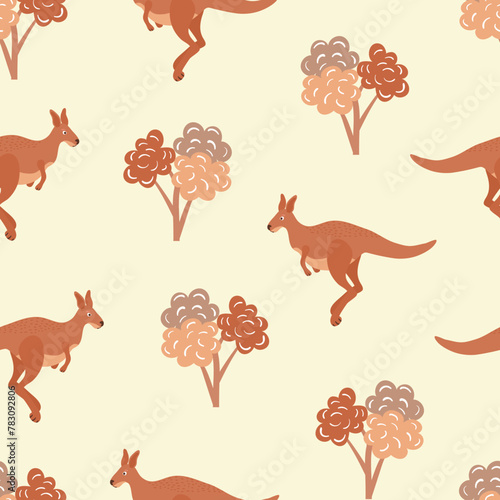 Kangaroo seamless pattern with animals and trees. Vector illustration	