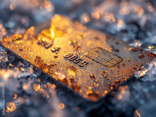 Close up of chip for secure payment, golden credit card frozen in ice, concept of frozen bank account photo