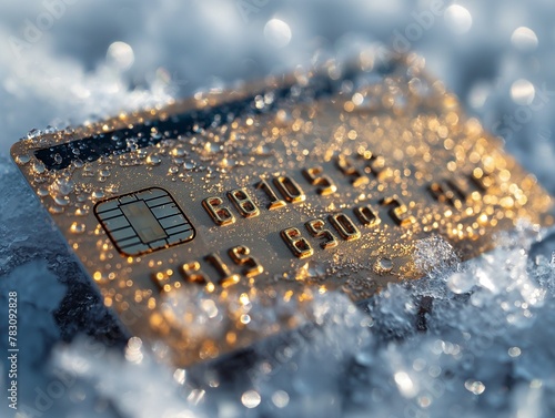 Close up of chip for secure payment, golden credit card frozen in ice, concept of frozen bank account photo