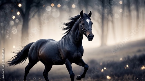 Mystic Dawn: Horse Galloping in the Misty Light photo