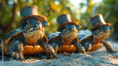 Turtles in top hats, slowly making their way to a beach birthday party in the style of stock photo image photo