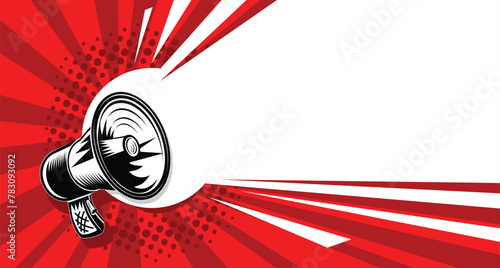 Loudspeaker, megaphone with lightings on red background. Vector template for copy you text in pop art style