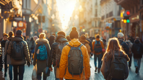 A group of people walking down a street with backpacks, AI