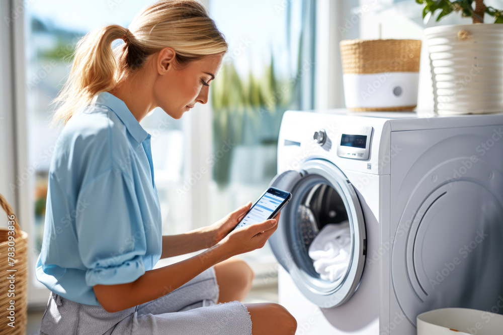 A Caucasian woman engages a smart washing machine using a mobile app in a sunlit home setting, showcasing convenience and modern lifestyle. Concept of digital home management, smart home technology. A Caucasian woman engages a smart washing machine using a mobile app in a sunlit home setting, showcasing convenience and modern lifestyle. Concept of digital home management, smart home technology.