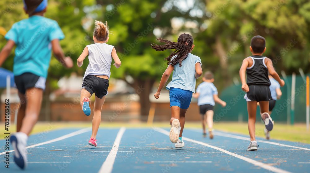 A group of children are running a race on a track. The children are wearing different colored shirts and shorts