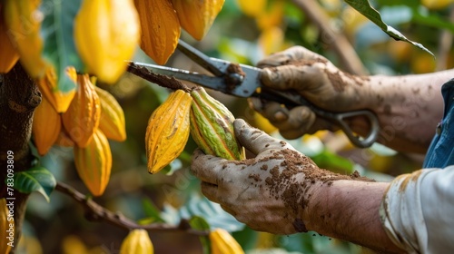 The hands of a cocoa farmer use pruning shears to cut the cocoa pods or fruit ripe yellow cacao from the cacao tree.
