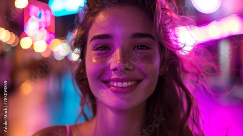 A woman smiling in front of a neon lit street, AI