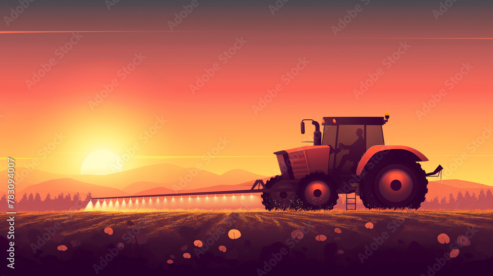 Obraz premium A tractor is spraying a field with a sun in the background. The sun is setting, creating a warm and peaceful atmosphere