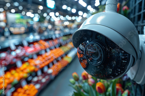 CCTV securtity camera with facial recognition option installed in retail store to prevent offenses, monitoring behavior of visitors and employees. Security measures, innovative technologies concept photo