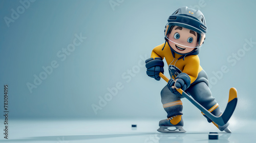 A cartoonish child wearing a yellow and blue hockey uniform is holding a hockey stick and skating on a rink