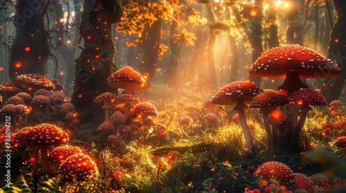 Enter a magical forest realm with radiant, red-speckled mushrooms