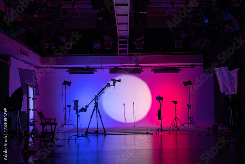 Neon Glow on Set: Silhouette of Film Production Gear Backstage shot.