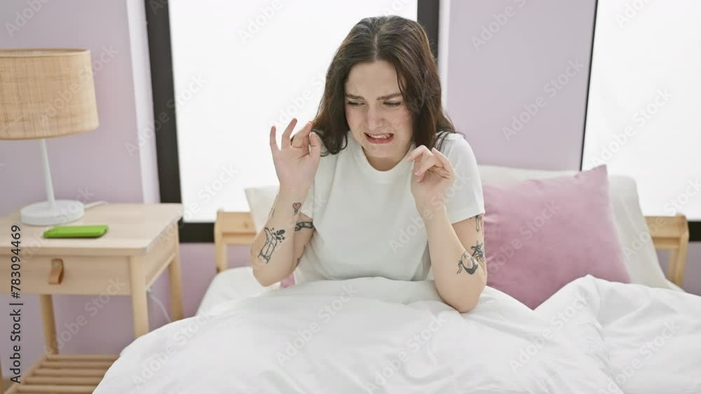 Cheerful young woman in pyjamas victorious, flashing a joyful thumbs up gesture from bed, radiating positivity in her bedroom Cheerful young woman in pyjamas victorious, flashing a joyful thumbs up gesture from bed, radiating positivity in her bedroom
