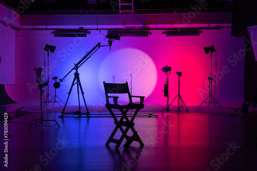 Director's Chair and Equipment in Colorful Studio Backstage shot.