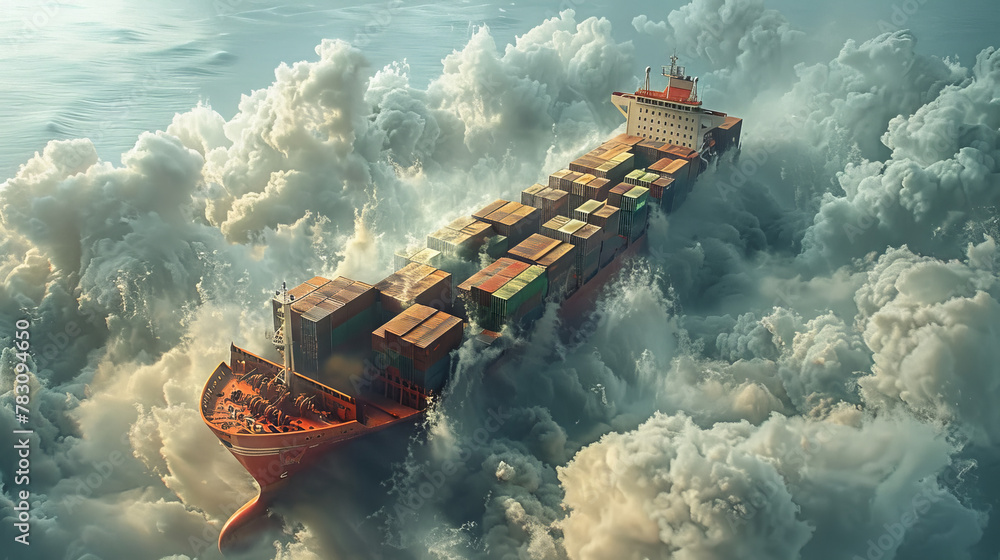close shot of container ship is flying in air with clouds like sea waves  " ai genarated " - obrazy, fototapety, plakaty 