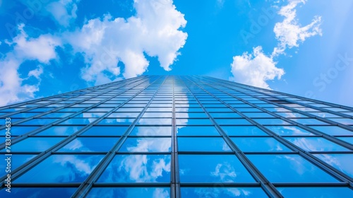 A view of a tall building with clouds in the sky, AI