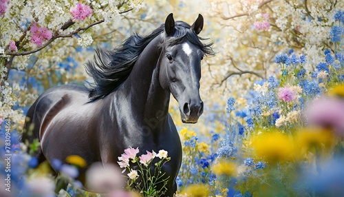 black horse on the meadow with flowers