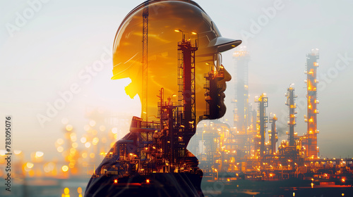 A man in a hard hat stands in front of a large industrial plant. The sun is setting, casting a warm glow over the scene. The man's silhouette is visible