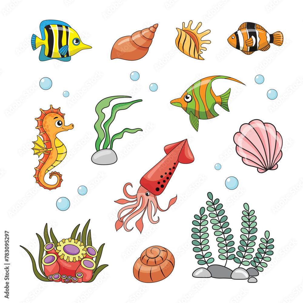 a set of sea creatures in the style of cartoon. Fish, sea horse, ocean, shells, algae and coral. Color illustration for children books and activist books a set of sea creatures in the style of cartoon. Fish, sea horse, ocean, shells, algae and coral. Color illustration for children books and activist books
