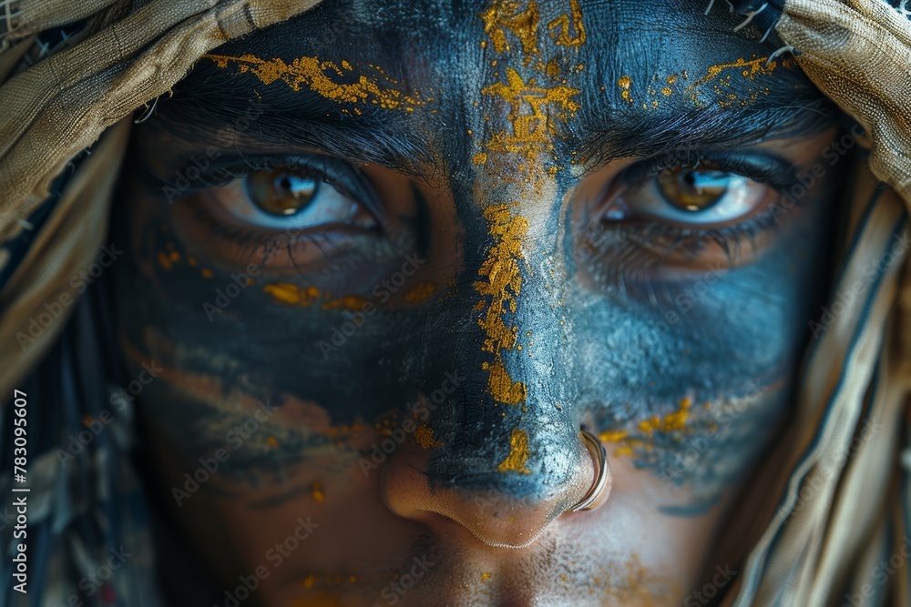 A couple embodies Egyptian pharaohs, adorned in dark black and blue hues, showcasing intricate body art inspired by nature. A couple embodies Egyptian pharaohs, adorned in dark black and blue hues, showcasing intricate body art inspired by nature.