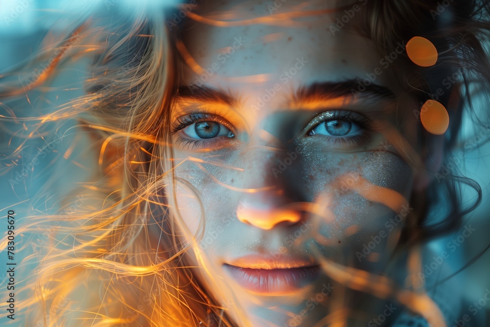 Dreamy portrait of a young woman with lights