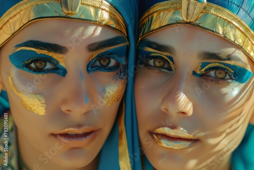 A couple embodies Egyptian pharaohs, adorned in dark black and blue hues, showcasing intricate body art inspired by nature.