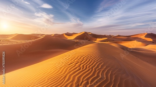 Golden morning light casts long shadows across the undulating sand dunes of the Sahara Desert