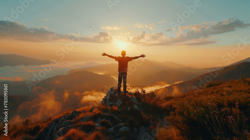 A man standing on top of the mountain with his arms outstretched, looking at the sunrise. He is smiling and feeling free from negative emotions. The scene captures him in a full body, winner, proud 